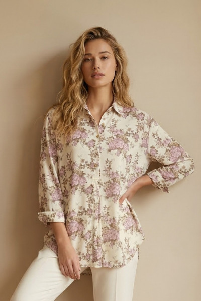 Γυναικείο πουκάμισο Derpouli ροζ φλοράλ με 3/4 μανίκια 1.10.39360