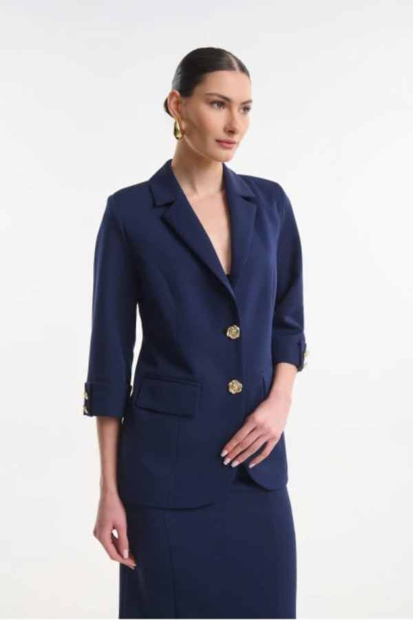 Γυναικείο μπλε σακάκι με 3/4 μανίκια και χρυσά κουμπιά – Fibes