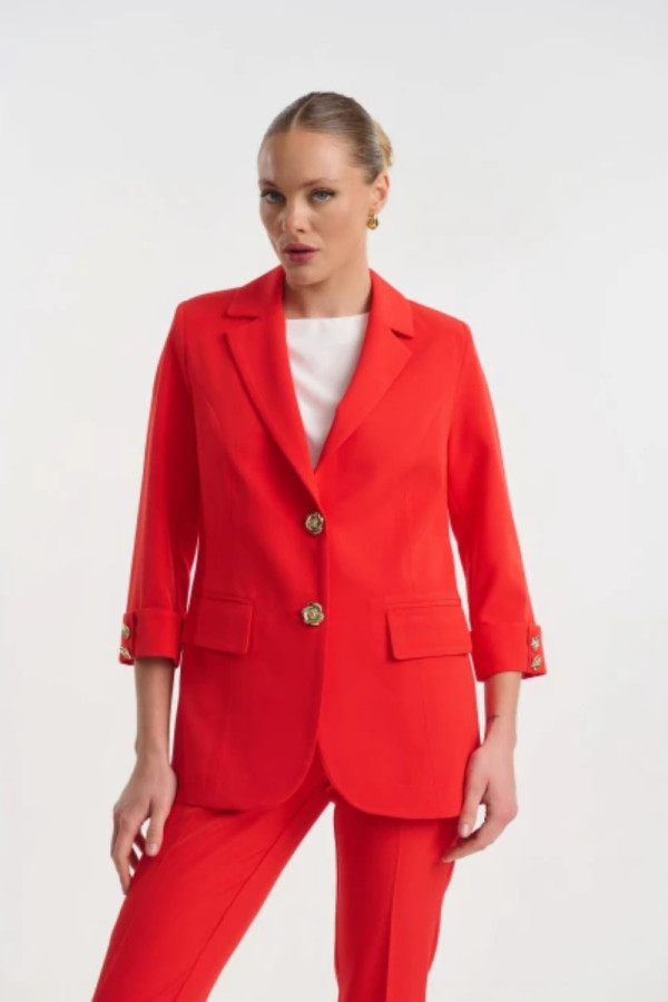 Γυναικείο σακάκι κοραλί με 3/4 μανίκια και χρυσά κουμπιά Fibes - 01-6203