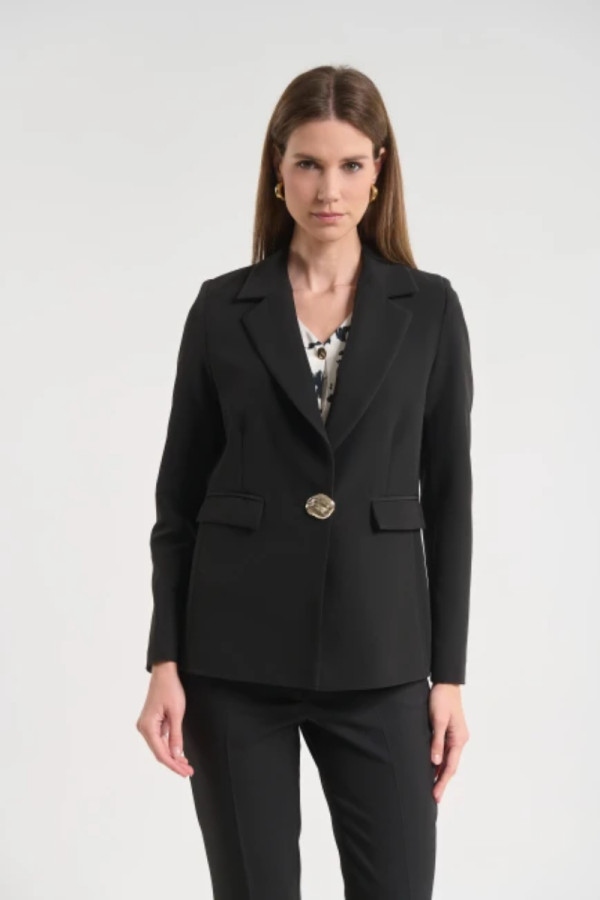 Γυναικείο μαύρο σακάκι με πέτο και κουμπί  Fibes - 01-6202