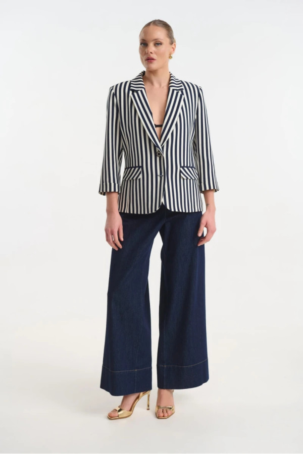 Γυναικείο σακάκι Fibes ριγέ μπλε ελαστικό με 3/4 μανίκι 01-6217