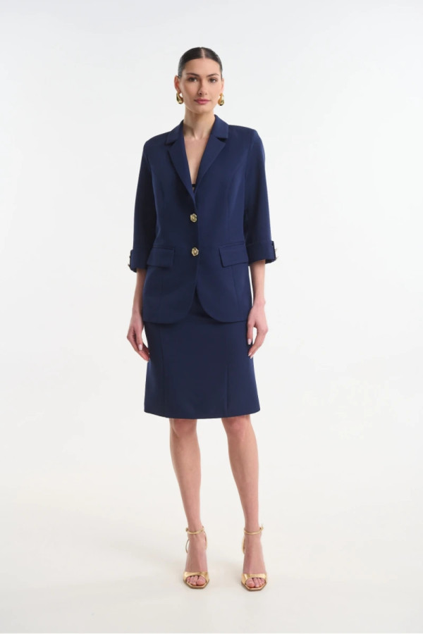 Γυναικείο μπλε σακάκι με 3/4 μανίκια και χρυσά κουμπιά – Fibes