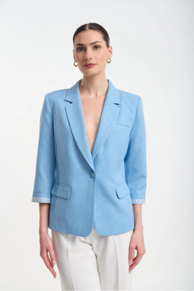 Γυναικείο σακάκι Fibes σιέλ με υφή λινού με 3/4 μανίκια 01-6216