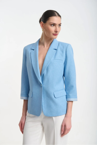 Γυναικείο σακάκι Fibes σιέλ με υφή λινού με 3/4 μανίκια 01-6216