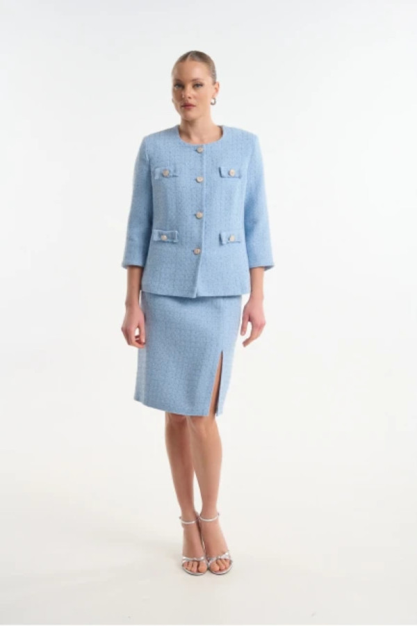 Γυναικείο σετ τύπου Chanel σιελ με σακάκι & φούστα - Fibes 01-6208.8106 Γυναικείο σετ τύπου Chanel σιελ με σακάκι & φούστα - Fibes 01-6208.8106