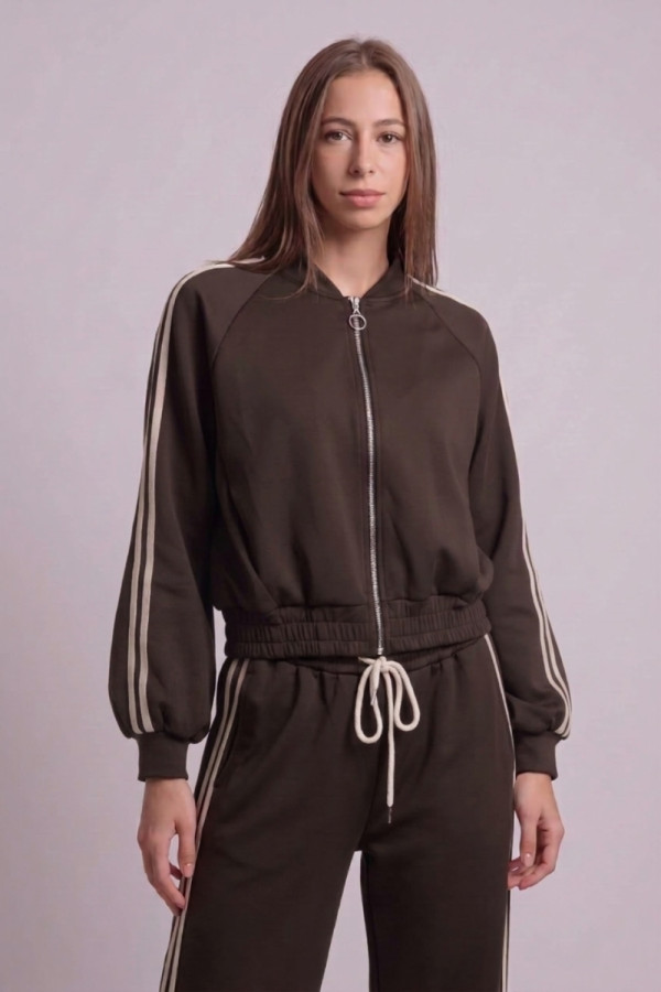 Γυναικείο σετ I Got You καφέ με bomber ζακέτα και πλαϊνές ρίγες 1.50.24858