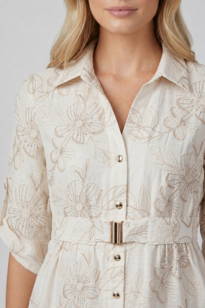 Γυναικείο σετ πουκάμισο παντελόνι Fibes εκρού με ανάγλυφο floral μοτίβο 02-