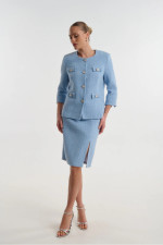 Γυναικείο σετ τύπου Chanel σιελ με σακάκι & φούστα - Fibes 01-6208.8106 Γυναικείο σετ τύπου Chanel σιελ με σακάκι & φούστα - Fibes 01-6208.8106