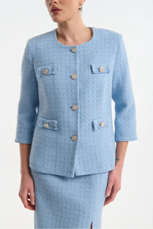 Γυναικείο σετ τύπου Chanel σιελ με σακάκι & φούστα - Fibes 01-6208.8106 Γυναικείο σετ τύπου Chanel σιελ με σακάκι & φούστα - Fibes 01-6208.8106