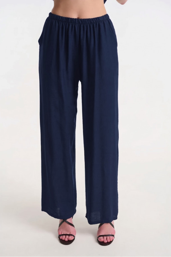 Γυναικείο σετ Fibes παντελόνι πουκάμισο navy με κορδόνι στη μέση 02-2858