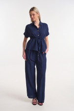 Γυναικείο σετ Fibes παντελόνι πουκάμισο navy με κορδόνι στη μέση 02-2858