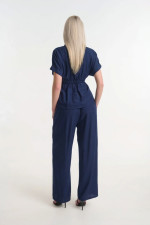 Γυναικείο σετ Fibes παντελόνι πουκάμισο navy με κορδόνι στη μέση 02-2858