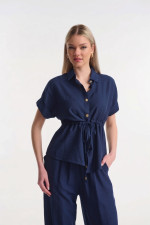 Γυναικείο σετ Fibes παντελόνι πουκάμισο navy με κορδόνι στη μέση 02-2858