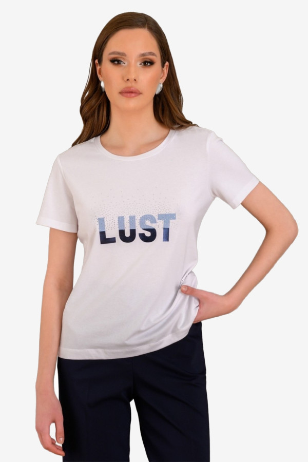 DERPOULI ΓΥΝΑΙΚΕΙΟ T-SHIRT ΜΕ ΜΠΛΕ ΤΥΠΩΜΑ ΛΕΥΚΟ 1.10.27259