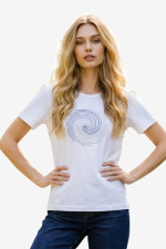 Γυναικεία λευκή μπλούζα με κυκλικό dot στρας σχέδιο - Derpouli -1.10.39323