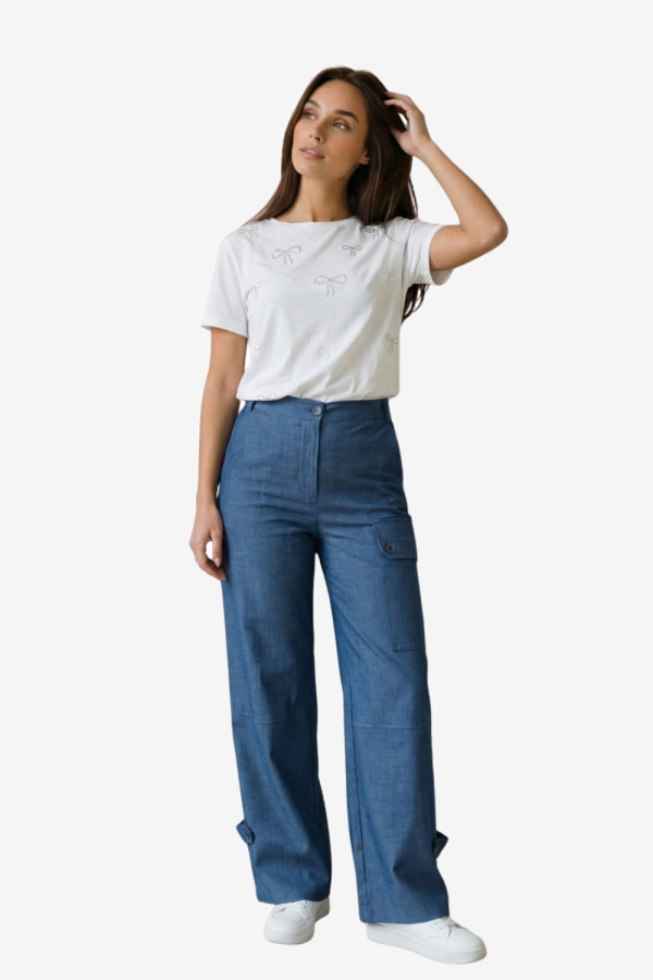 Γυναικείο T-shirt λευκό βαμβακερό με μοτίβα φιόγκων – Derpouli