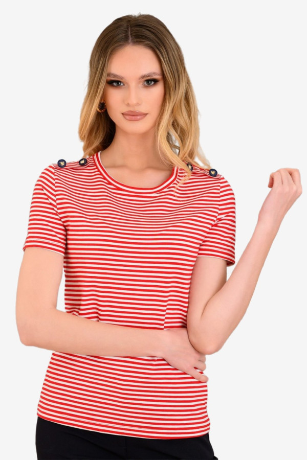 DERPOULI ΓΥΝΑΙΚΕΙΟ T-SHIRT ΡΙΓΕ ΜΕ ΚΟΥΜΠΙΑ ΚΟΚΚΙΝΟ 1.10.27322