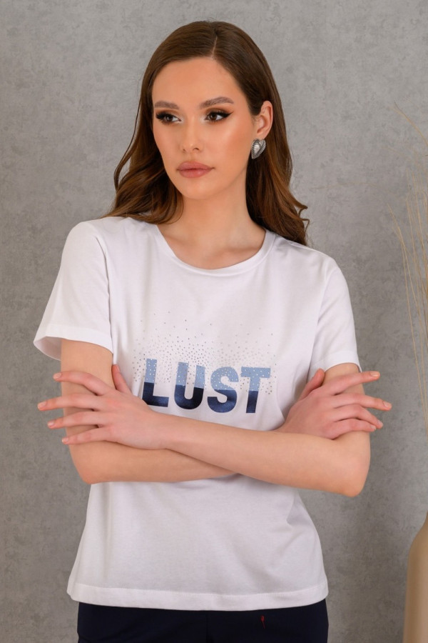 DERPOULI ΓΥΝΑΙΚΕΙΟ T-SHIRT ΜΕ ΜΠΛΕ ΤΥΠΩΜΑ ΛΕΥΚΟ 1.10.27259