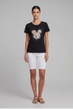 Γυναικείο μαύρο t-shirt με δαντέλα και 3D φιόγκο 26-PL031
