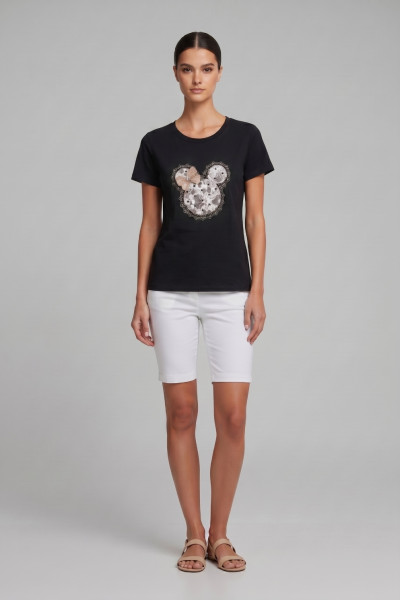 Γυναικείο μαύρο t-shirt με δαντέλα και 3D φιόγκο 26-PL031