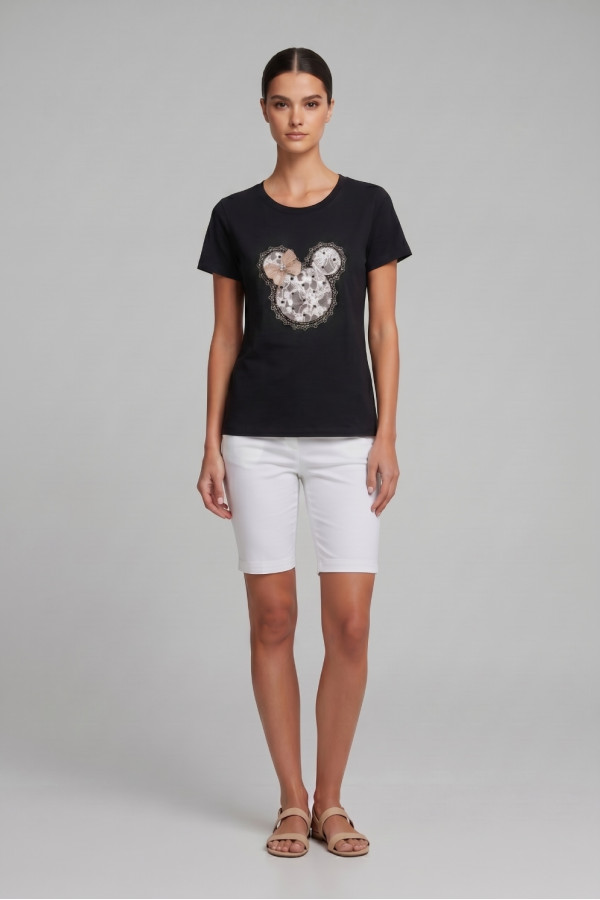 Γυναικείο μαύρο t-shirt με δαντέλα και 3D φιόγκο 26-PL031