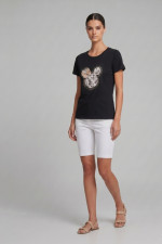 Γυναικείο μαύρο t-shirt με δαντέλα και 3D φιόγκο 26-PL031