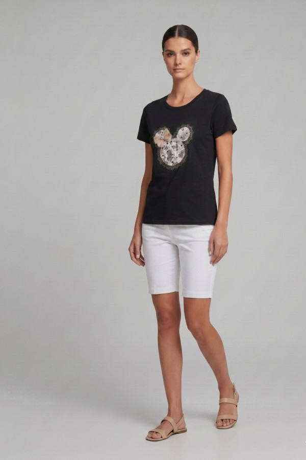 Γυναικείο μαύρο t-shirt με δαντέλα και 3D φιόγκο 26-PL031
