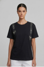 Γυναικείο t-shirt μαύρο βαμβακερό με στρας λεπτομέρειες 26-100STR