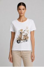 Γυναικείο t-shirt λευκό βαμβακερό με print μπεζ scooter και butterflies 26-100VE