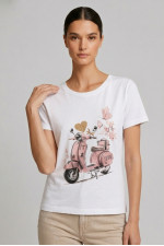 Γυναικείο t-shirt λευκό βαμβακερό με print ροζ scooter και butterflies 26-100VE