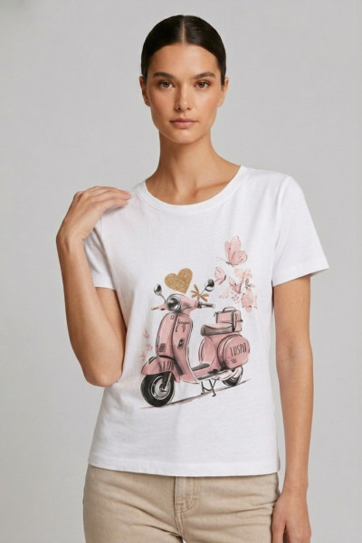 Γυναικείο t-shirt λευκό βαμβακερό με print ροζ scooter και butterflies 26-100VE