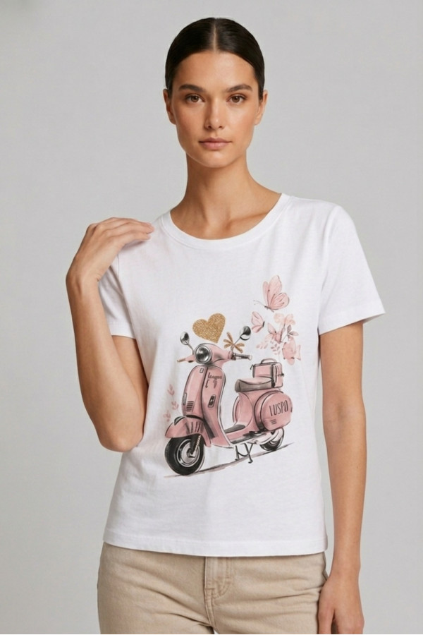 Γυναικείο t-shirt λευκό βαμβακερό με print ροζ scooter και butterflies 26-100VE