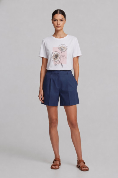 Γυναικείο t-shirt λευκό με floral ροζ τύπωμα και στρας 26-100-BF