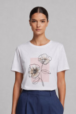 Γυναικείο t-shirt λευκό με floral ροζ τύπωμα και στρας 26-100-BF