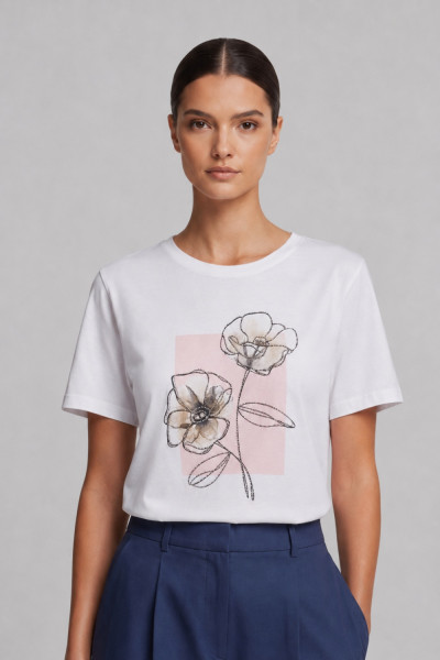 Γυναικείο t-shirt λευκό με floral ροζ τύπωμα και στρας 26-100-BF