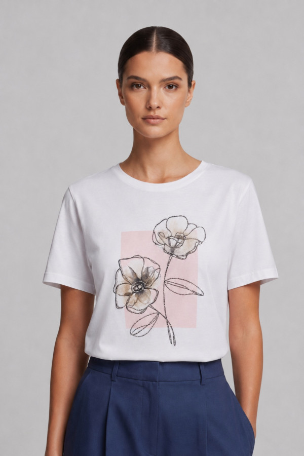 Γυναικείο t-shirt λευκό με floral ροζ τύπωμα και στρας 26-100-BF