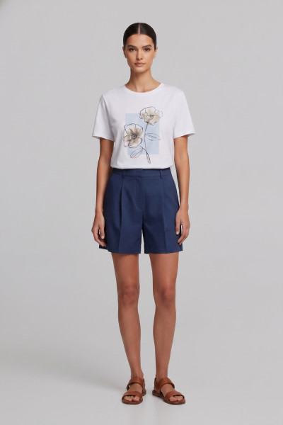 Γυναικείο t-shirt λευκό με floral σιελ τύπωμα και στρας 26-100-BF