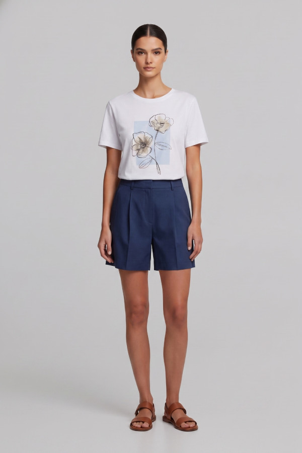 Γυναικείο t-shirt λευκό με floral σιελ τύπωμα και στρας 26-100-BF