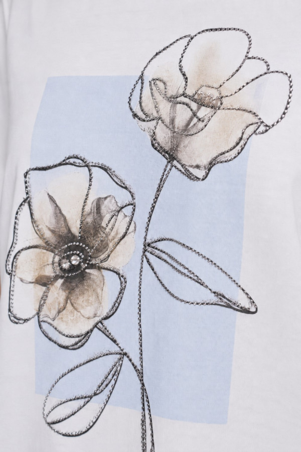 Γυναικείο t-shirt λευκό με floral σιελ τύπωμα και στρας 26-100-BF