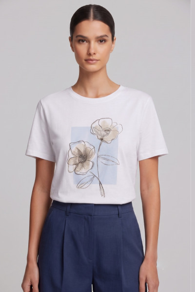 Γυναικείο t-shirt λευκό με floral σιελ τύπωμα και στρας 26-100-BF