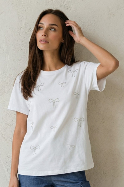 Γυναικείο T-shirt λευκό βαμβακερό με μοτίβα φιόγκων – Derpouli