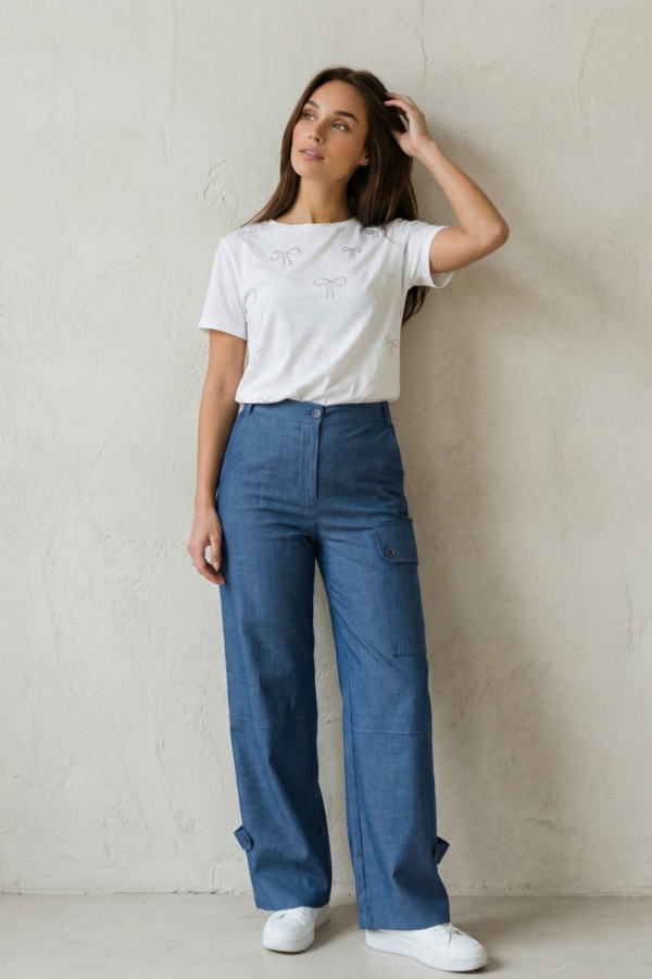 Γυναικείο T-shirt λευκό βαμβακερό με μοτίβα φιόγκων – Derpouli