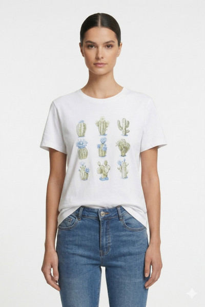 Γυναικείο t-shirt λευκό βαμβακερό με print σιελ κάκτους και στρας 26-100CA