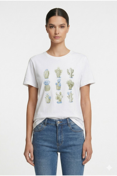 Γυναικείο t-shirt λευκό βαμβακερό με print σιελ κάκτους και στρας 26-100CA