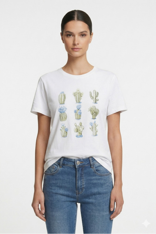 Γυναικείο t-shirt λευκό βαμβακερό με print σιελ κάκτους και στρας 26-100CA