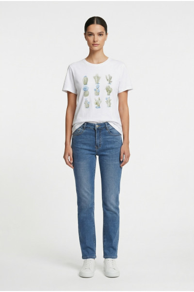 Γυναικείο t-shirt λευκό βαμβακερό με print σιελ κάκτους και στρας 26-100CA