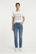 Γυναικείο t-shirt λευκό βαμβακερό με print ροζ κάκτους και στρας 26-100CA