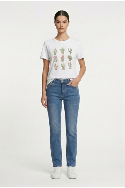 Γυναικείο t-shirt λευκό βαμβακερό με print ροζ κάκτους και στρας 26-100CA