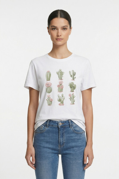 Γυναικείο t-shirt λευκό βαμβακερό με print ροζ κάκτους και στρας 26-100CA