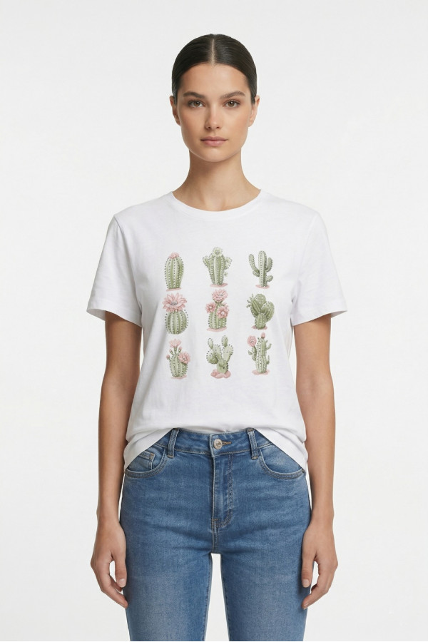 Γυναικείο t-shirt λευκό βαμβακερό με print ροζ κάκτους και στρας 26-100CA